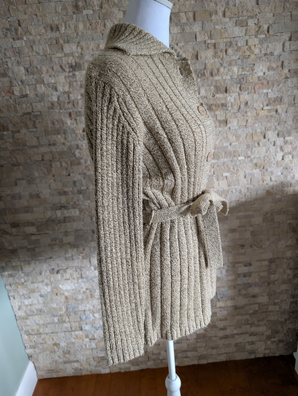 Belted Knit Cardigan Sz S Ribbed Neutral Beige Taupe Coastal Grandma Quiet Cozy image 2